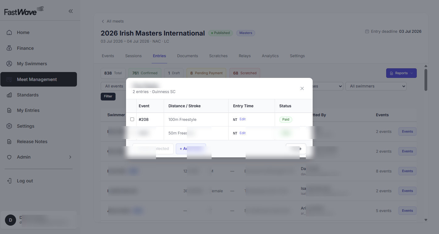 FastWave entry management — swimmer detail